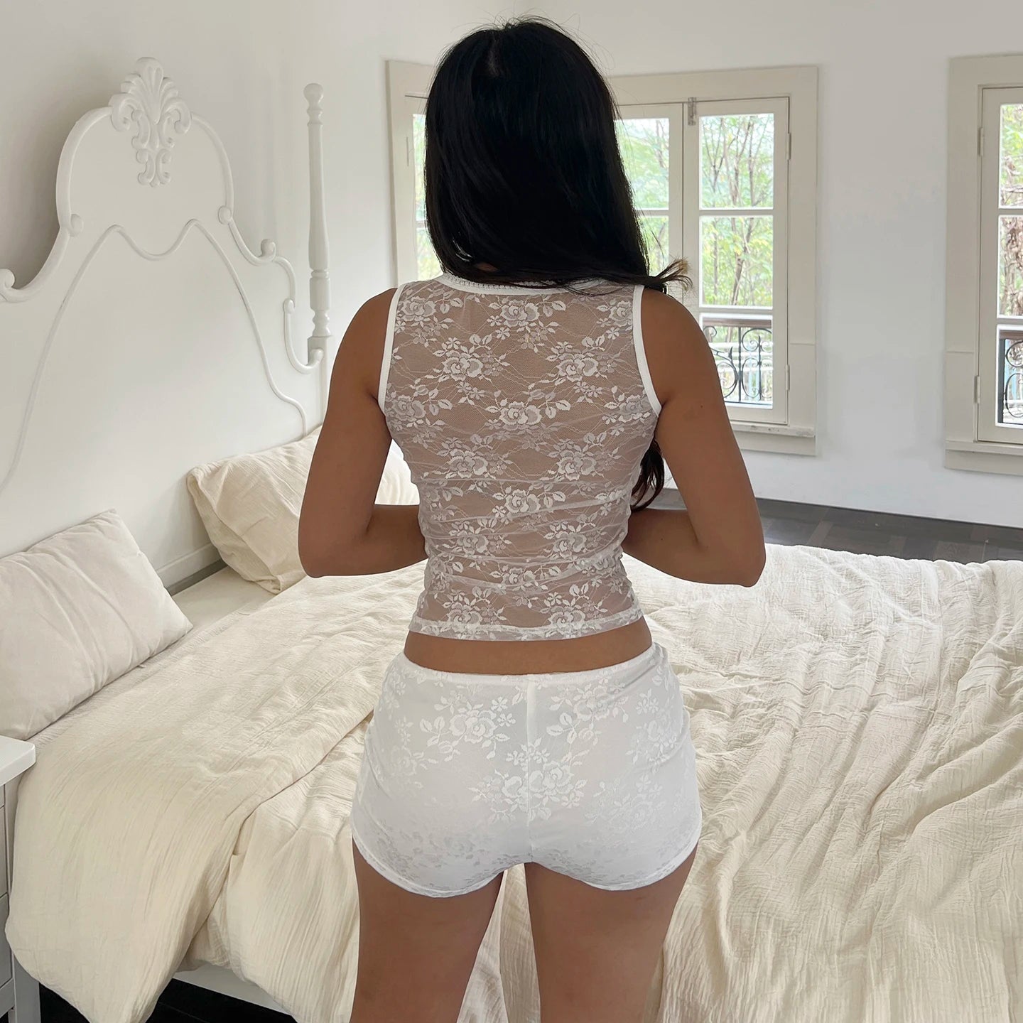 Womens Lace Loungewear Set Solid Color Sexy Stretch Sleeveless V Neck Bow Tie Crop Tank Top Skinny Shorts 2 Piece - Zeprah