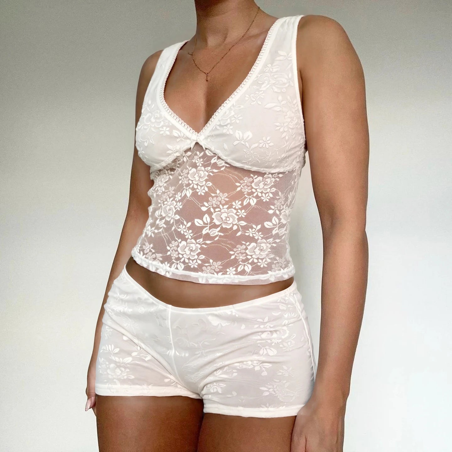 Womens Lace Loungewear Set Solid Color Sexy Stretch Sleeveless V Neck Bow Tie Crop Tank Top Skinny Shorts 2 Piece - Zeprah