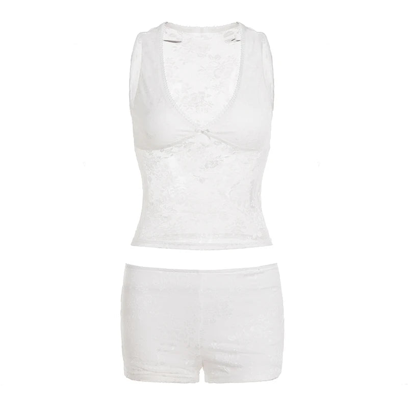 Womens Lace Loungewear Set Solid Color Sexy Stretch Sleeveless V Neck Bow Tie Crop Tank Top Skinny Shorts 2 Piece - Zeprah