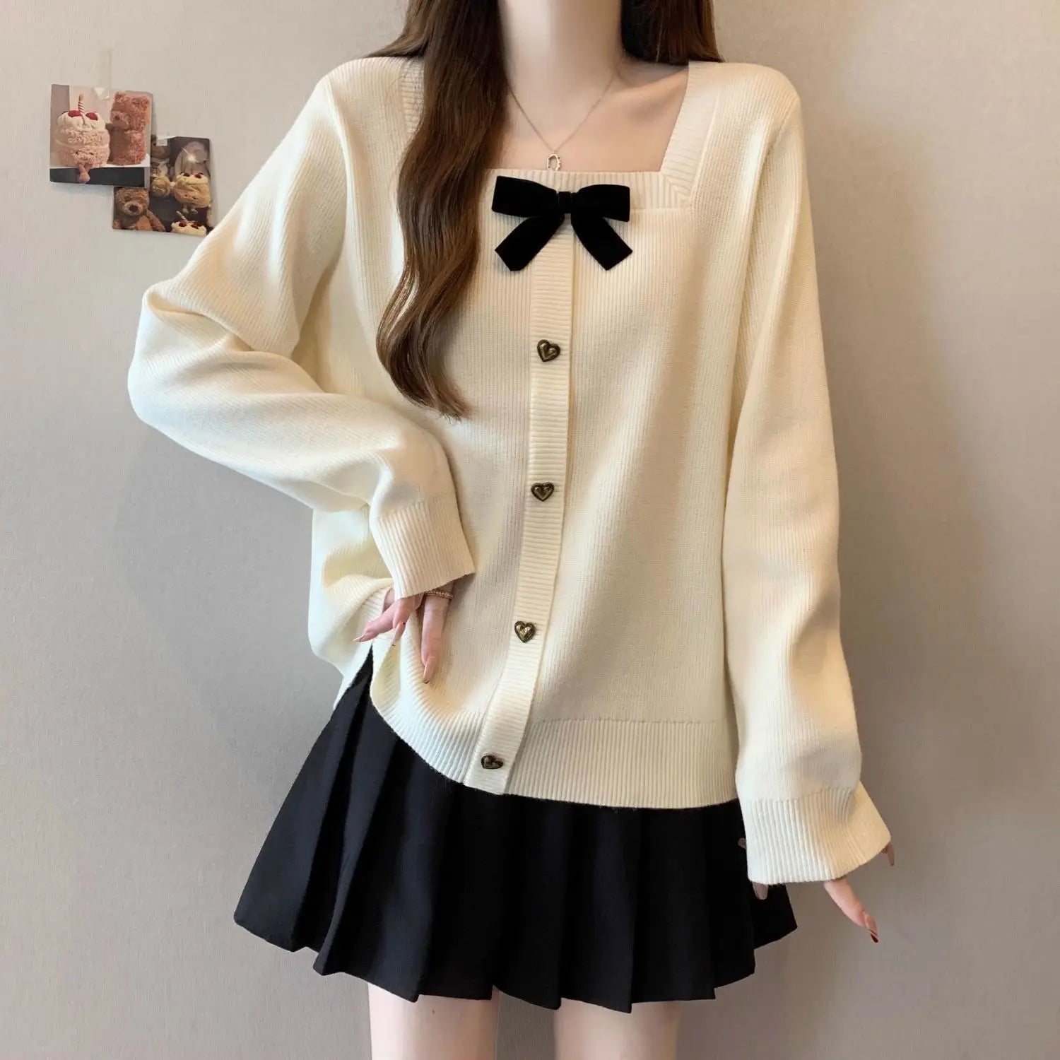 Women's Large Size Women's Bow Square Collar Long - sleeved T-shirt Women's Spring and Autumn 2025 New Loose Slim Top - Zeprah