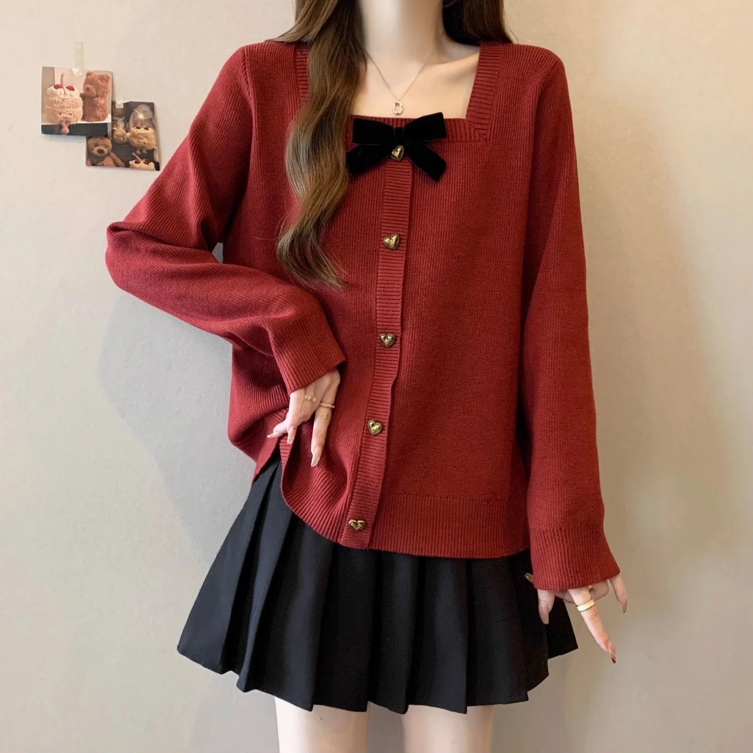 Women's Large Size Women's Bow Square Collar Long - sleeved T-shirt Women's Spring and Autumn 2025 New Loose Slim Top - Zeprah