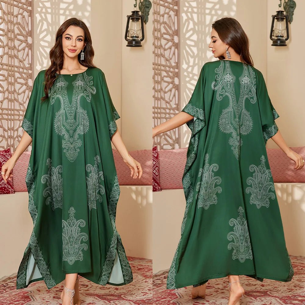 Women's Modest Satin Nightdress New Summer Cover - Up Robe Gorgeous Loose Printed Middle Eastern Style - Zeprah