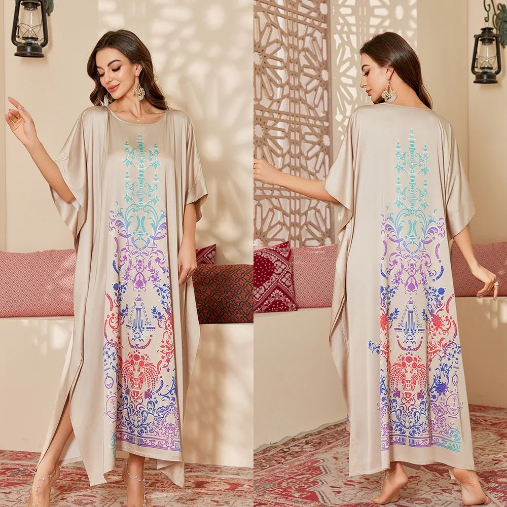 Women's Modest Satin Nightdress New Summer Cover - Up Robe Gorgeous Loose Printed Middle Eastern Style - Zeprah