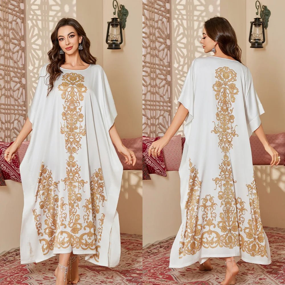 Women's Modest Satin Nightdress New Summer Cover - Up Robe Gorgeous Loose Printed Middle Eastern Style - Zeprah