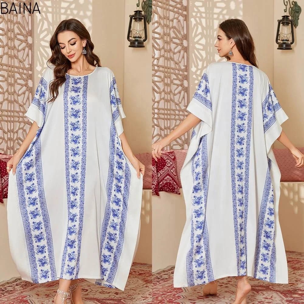 Women's Modest Satin Nightdress New Summer Cover - Up Robe Gorgeous Loose Printed Middle Eastern Style - Zeprah