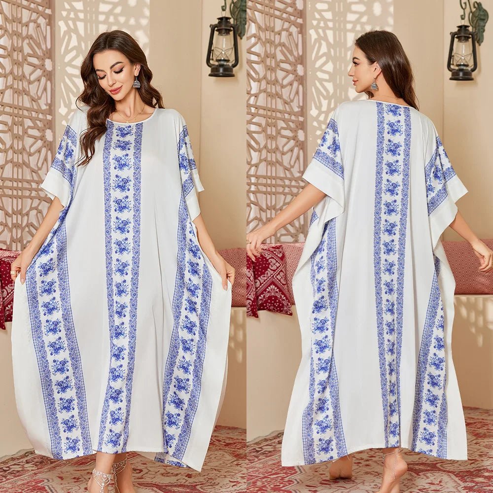 Women's Modest Satin Nightdress New Summer Cover - Up Robe Gorgeous Loose Printed Middle Eastern Style - Zeprah