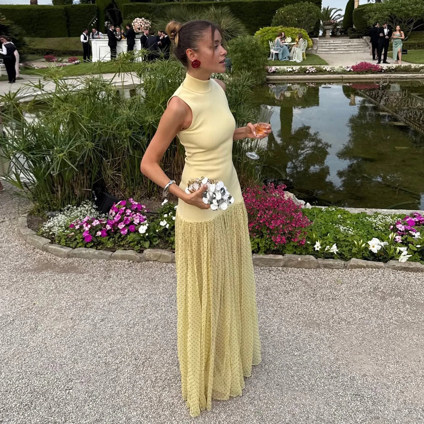 Women's Natural Waist Bud Maxi Dress Sheer Mesh Panels Color Blocking Elegant Yellow Polka Dot Bodycon Sleeveless Washable - Zeprah