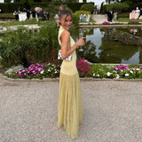 Women's Natural Waist Bud Maxi Dress Sheer Mesh Panels Color Blocking Elegant Yellow Polka Dot Bodycon Sleeveless Washable - Zeprah