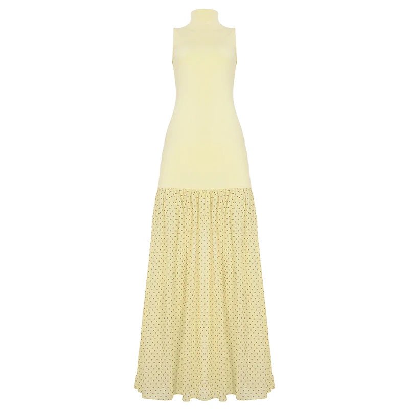 Women's Natural Waist Bud Maxi Dress Sheer Mesh Panels Color Blocking Elegant Yellow Polka Dot Bodycon Sleeveless Washable - Zeprah