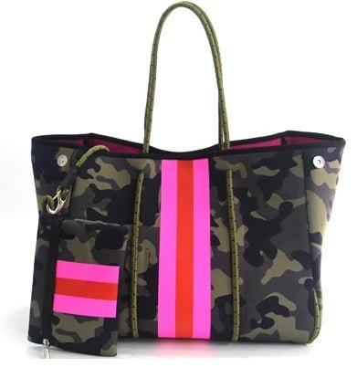 Women's Neoprene Waterproof Tote Bag Camouflage Shoulder Handbag Dual Handles Ladies' Fashion Beach Bag Flowers - Zeprah