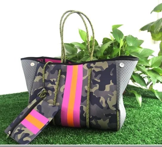 Women's Neoprene Waterproof Tote Bag Camouflage Shoulder Handbag Dual Handles Ladies' Fashion Beach Bag Flowers - Zeprah