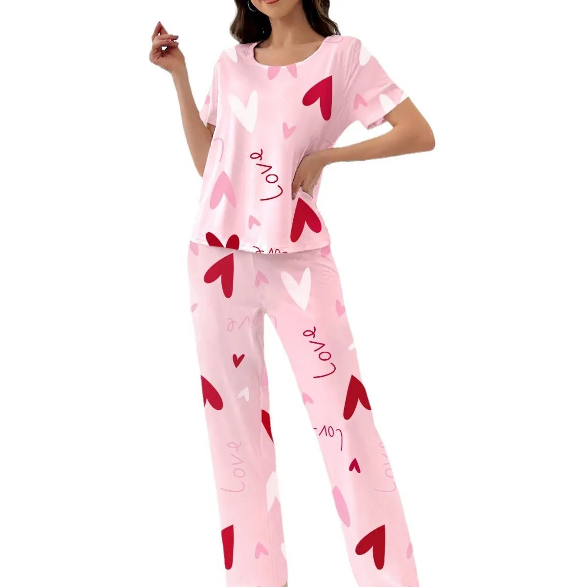 Women's New Casual Milk Silk Pajamas Pink Heart Print Short Sleeve Long Pants Summer Wearable Homewear - Zeprah