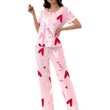 Women's New Casual Milk Silk Pajamas Pink Heart Print Short Sleeve Long Pants Summer Wearable Homewear - Zeprah