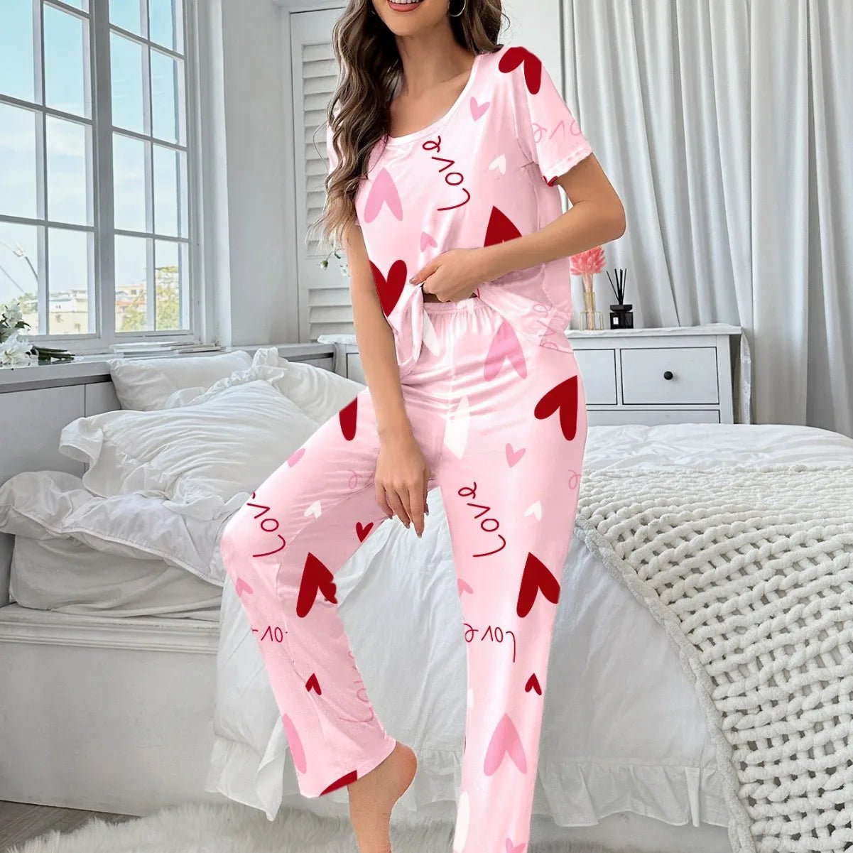 Women's New Casual Milk Silk Pajamas Pink Heart Print Short Sleeve Long Pants Summer Wearable Homewear - Zeprah