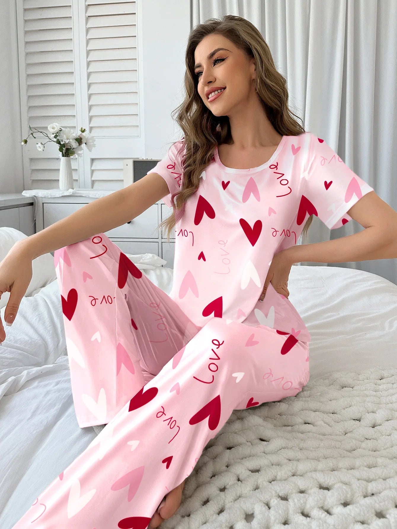 Women's New Casual Milk Silk Pajamas Pink Heart Print Short Sleeve Long Pants Summer Wearable Homewear - Zeprah