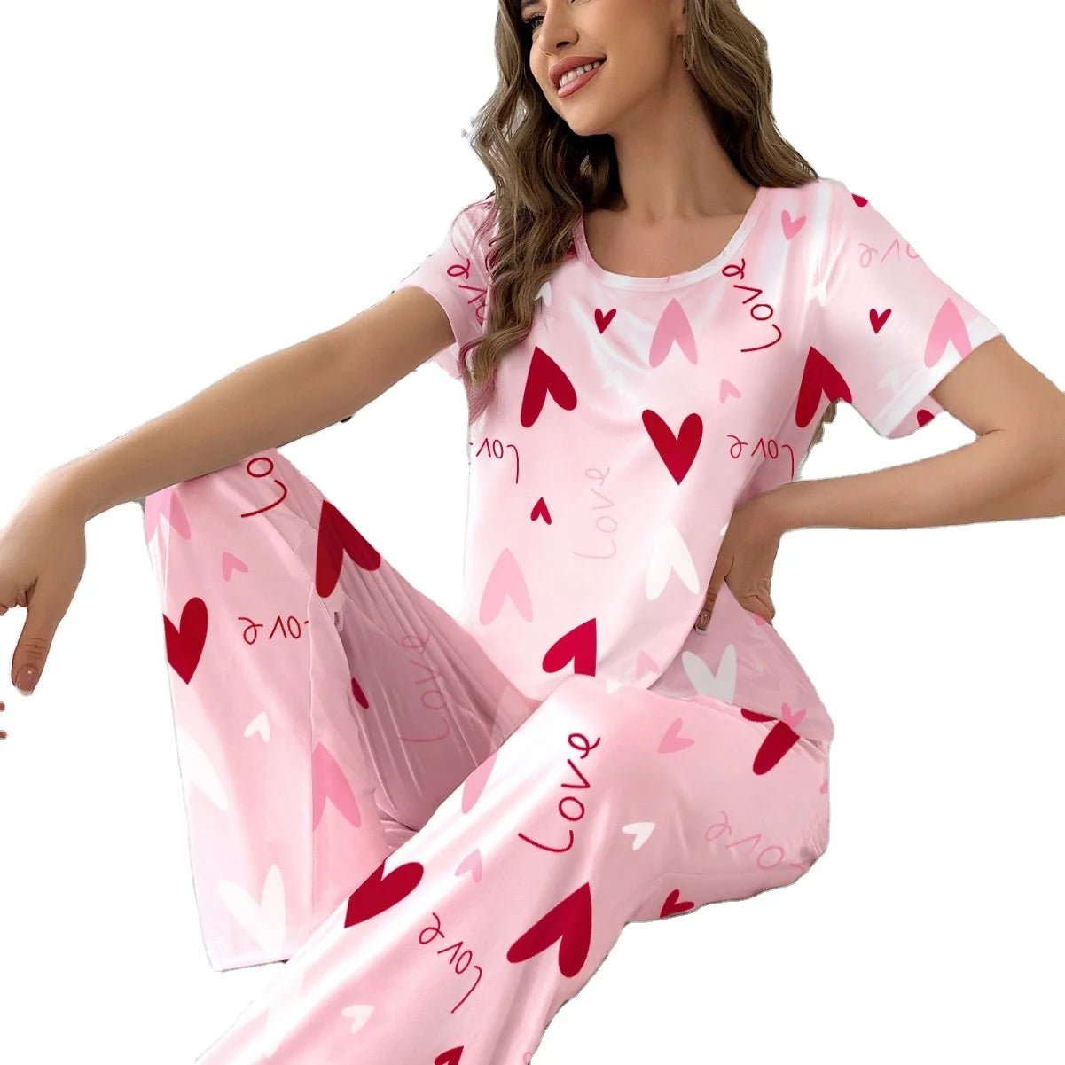 Women's New Casual Milk Silk Pajamas Pink Heart Print Short Sleeve Long Pants Summer Wearable Homewear - Zeprah