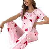 Women's New Casual Milk Silk Pajamas Pink Heart Print Short Sleeve Long Pants Summer Wearable Homewear - Zeprah