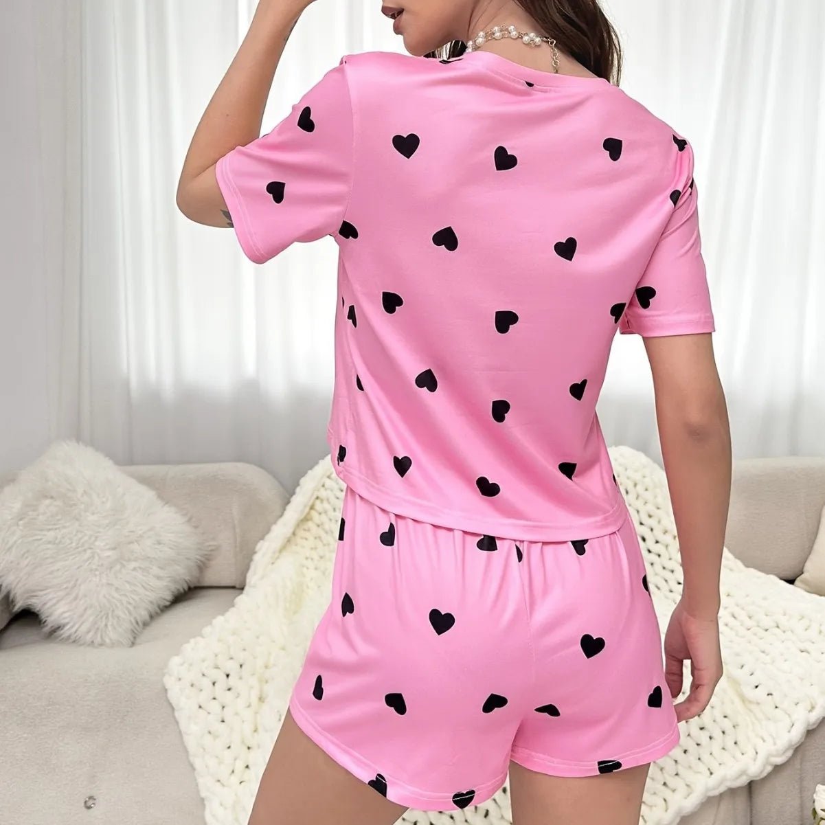 Women's New Style Pink Short - Sleeved Pajama Set Cute Heart Design Elastic Waist Two - Piece Home Wear Shorts - Zeprah