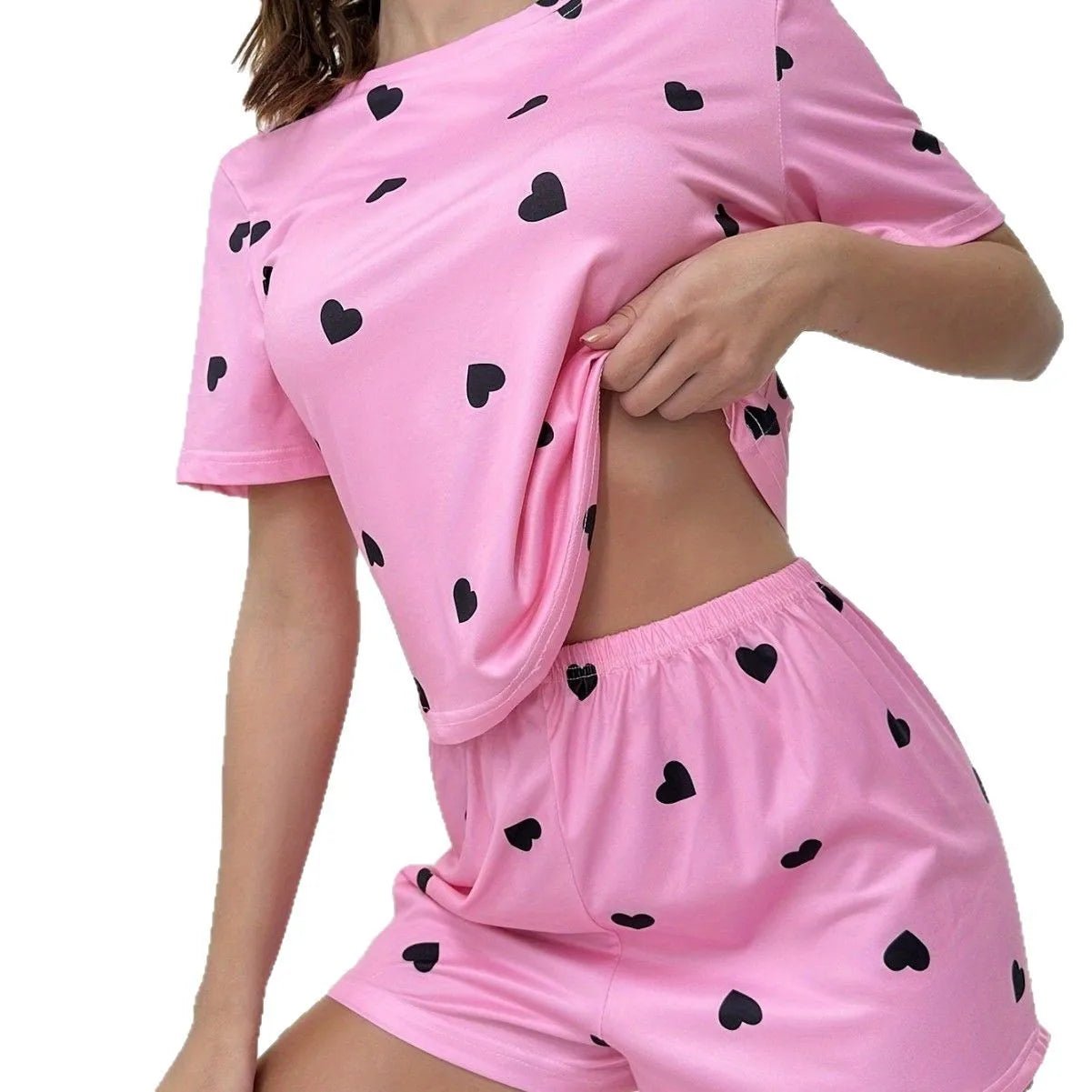 Women's New Style Pink Short - Sleeved Pajama Set Cute Heart Design Elastic Waist Two - Piece Home Wear Shorts - Zeprah