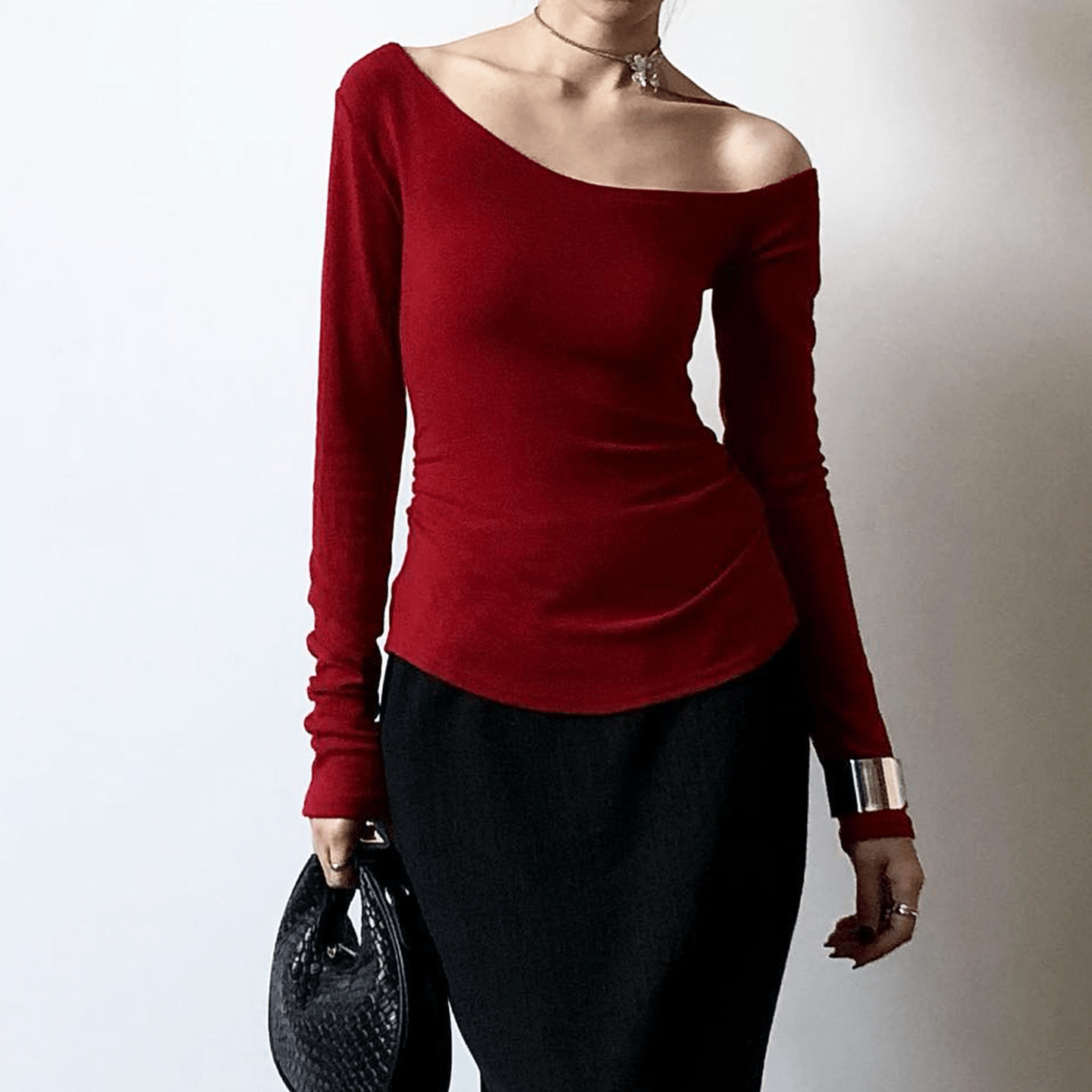 Women's Off - Shoulder T-Shirt , Solid Color Cropped Long Sleeve Top , Strapless Sexy Club Slim Fit Casual Blouse , Custom OEM Nylon/Poly - Zeprah