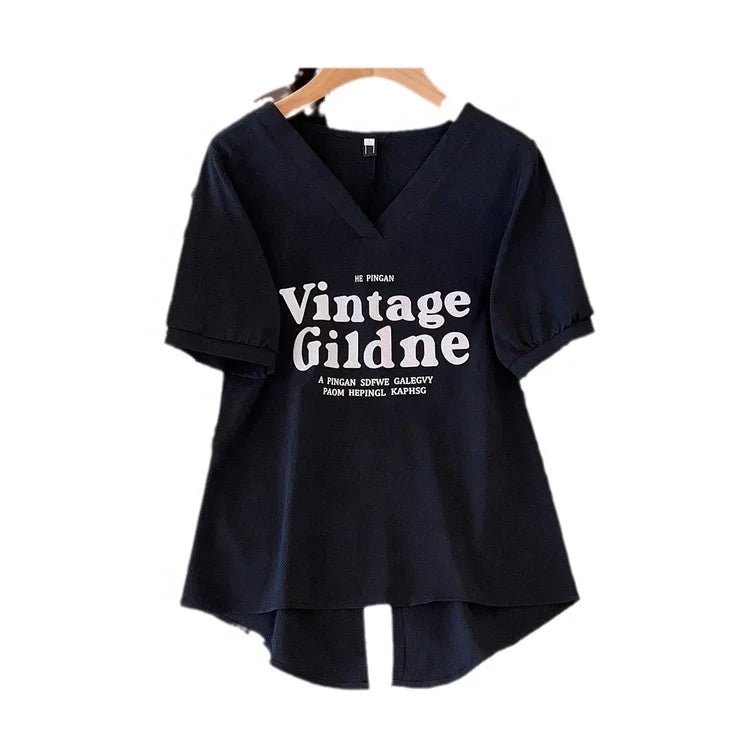 Women's Plus Size Short - sleeved T-shirt Women's Summer 2025 New Korean Style Loose V - neck T-shirt - Zeprah