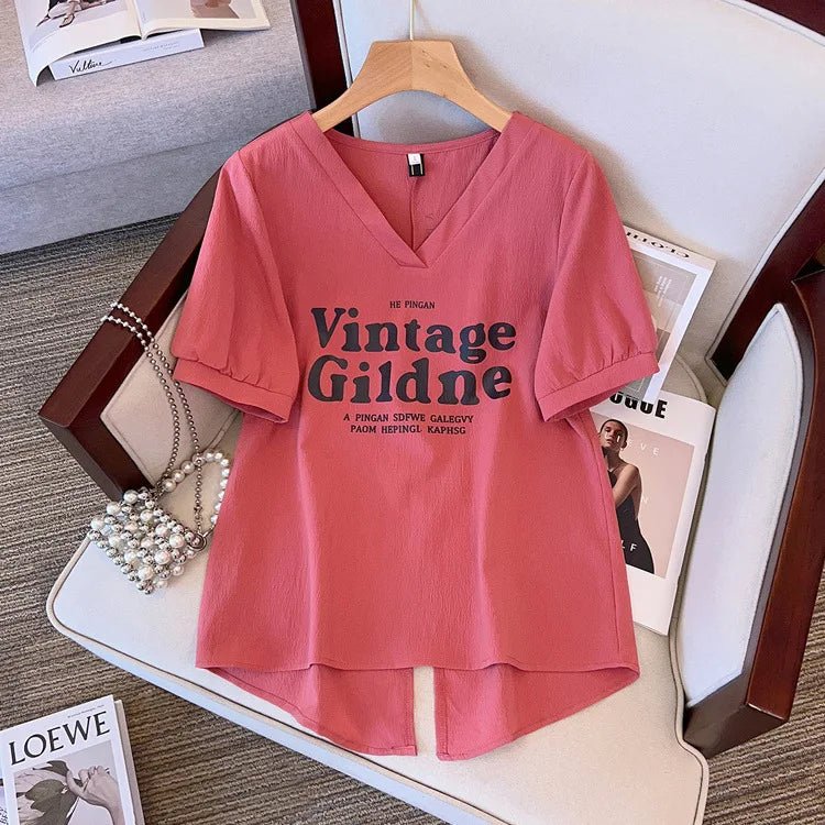 Women's Plus Size Short - sleeved T-shirt Women's Summer 2025 New Korean Style Loose V - neck T-shirt - Zeprah