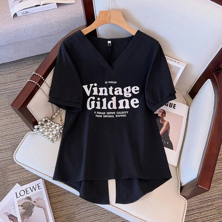 Women's Plus Size Short - sleeved T-shirt Women's Summer 2025 New Korean Style Loose V - neck T-shirt - Zeprah