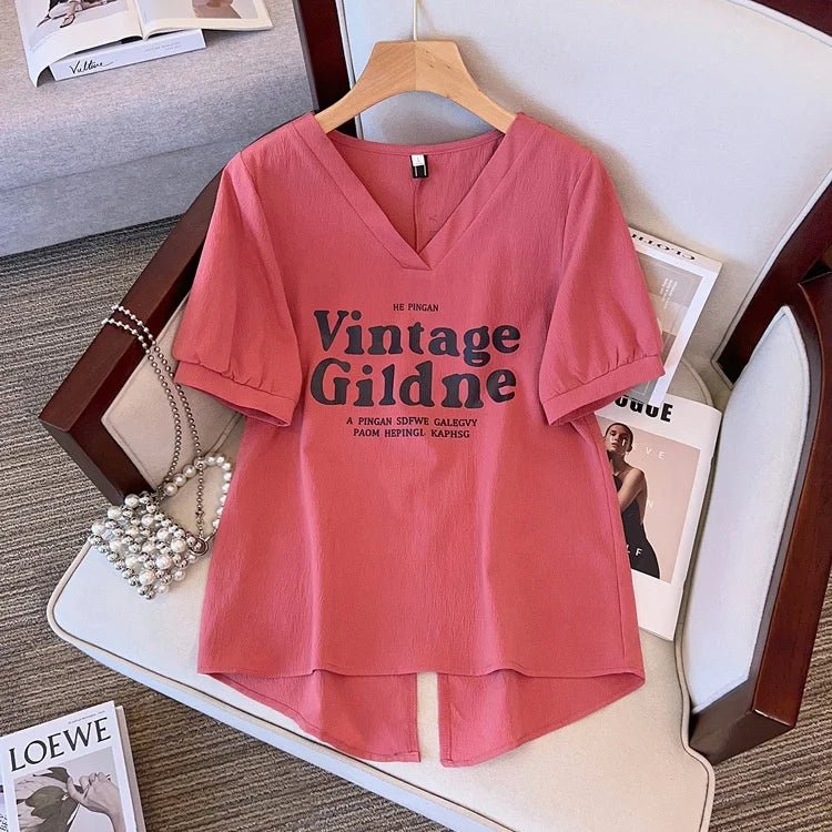 Women's Plus Size Short - sleeved T-shirt Women's Summer 2025 New Korean Style Loose V - neck T-shirt - Zeprah