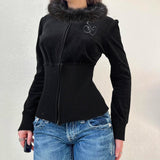 Women's Printed Velour Hooded Jacket Fall Winter Thermal Zip - Up Sweatshirt Casual Sporty Outerwear Front Logo - Zeprah