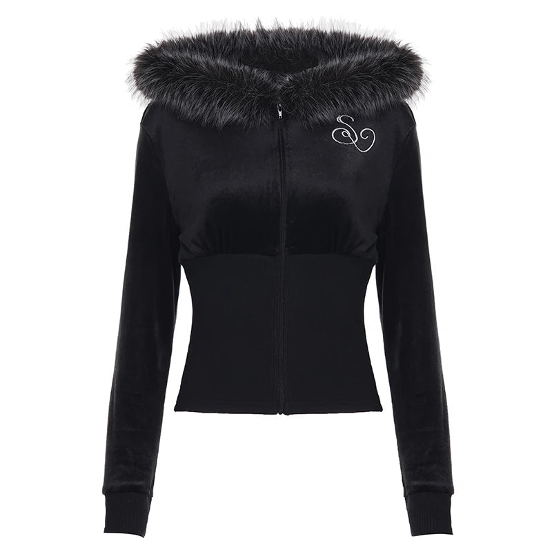 Women's Printed Velour Hooded Jacket Fall Winter Thermal Zip - Up Sweatshirt Casual Sporty Outerwear Front Logo - Zeprah