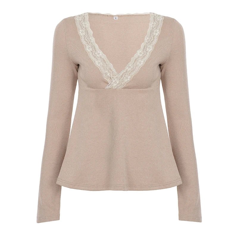 Women's Regular Fit Long Sleeve Knitted Eco - Friendly Breathable V Neck Casual Solid T-Shirt Lace Trim High Waist - Zeprah