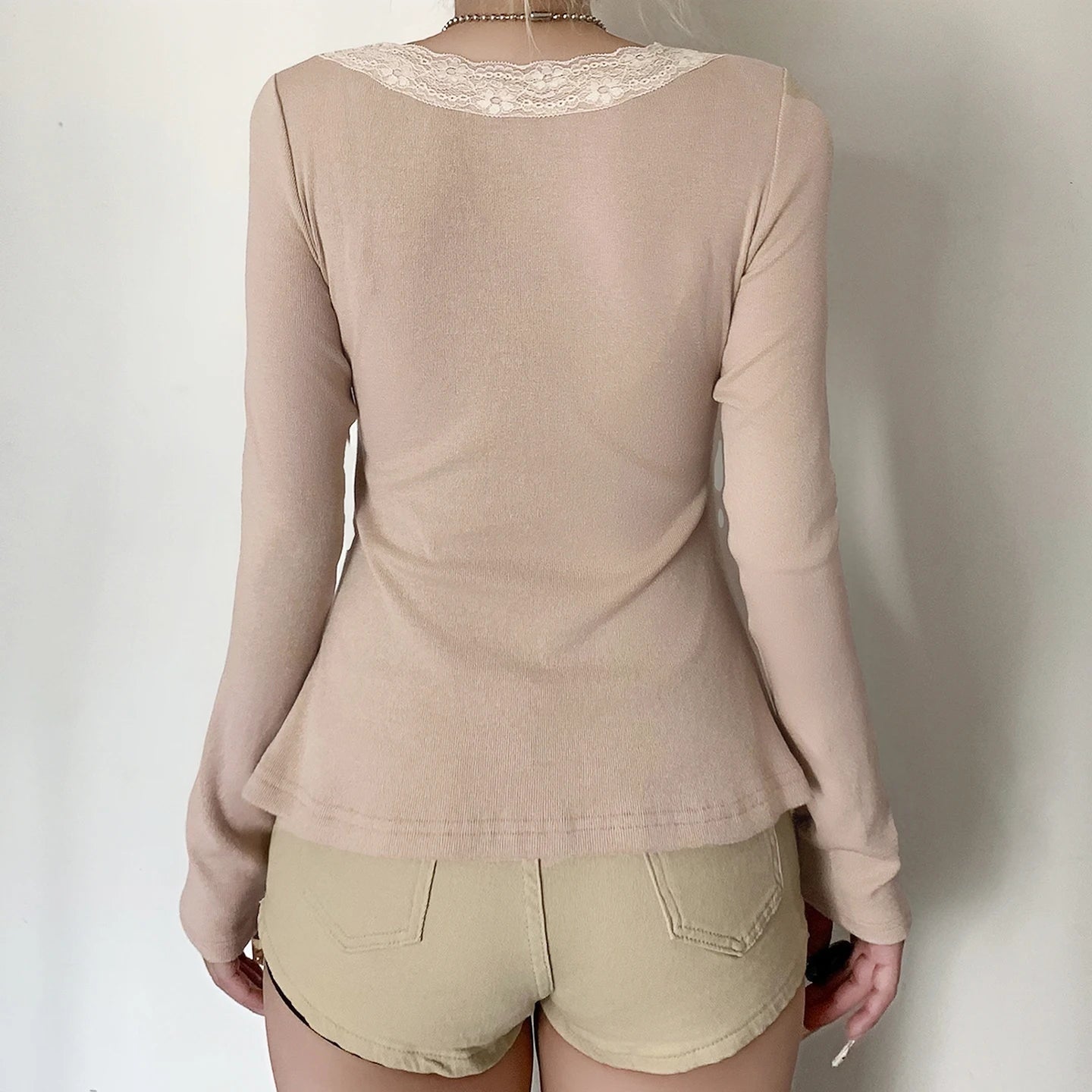 Women's Regular Fit Long Sleeve Knitted Eco - Friendly Breathable V Neck Casual Solid T-Shirt Lace Trim High Waist - Zeprah