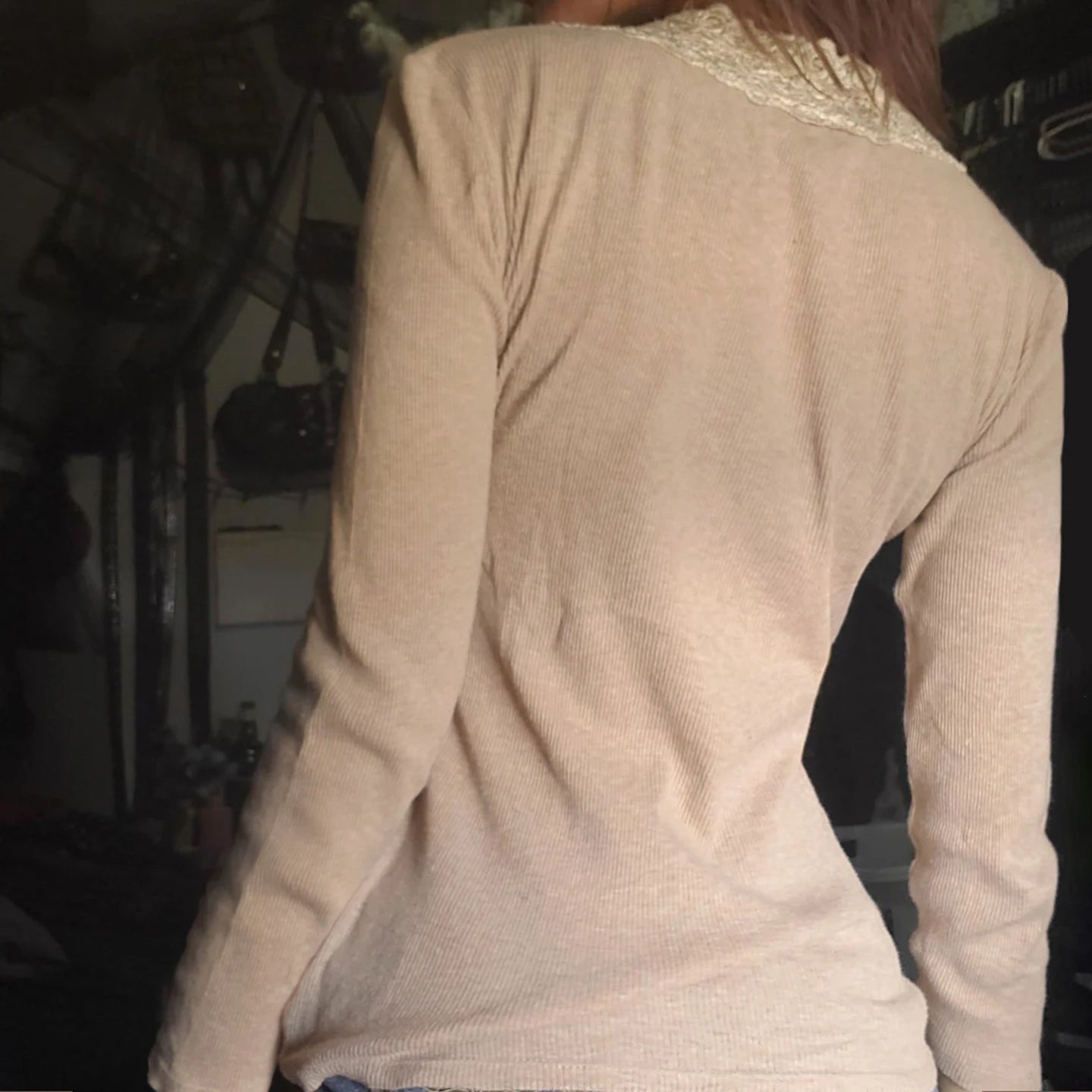 Women's Regular Fit Long Sleeve Knitted Eco - Friendly Breathable V Neck Casual Solid T-Shirt Lace Trim High Waist - Zeprah