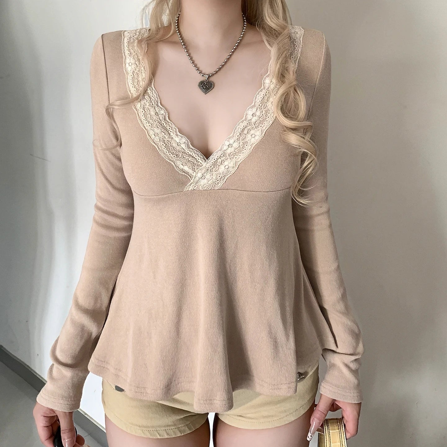 Women's Regular Fit Long Sleeve Knitted Eco - Friendly Breathable V Neck Casual Solid T-Shirt Lace Trim High Waist - Zeprah