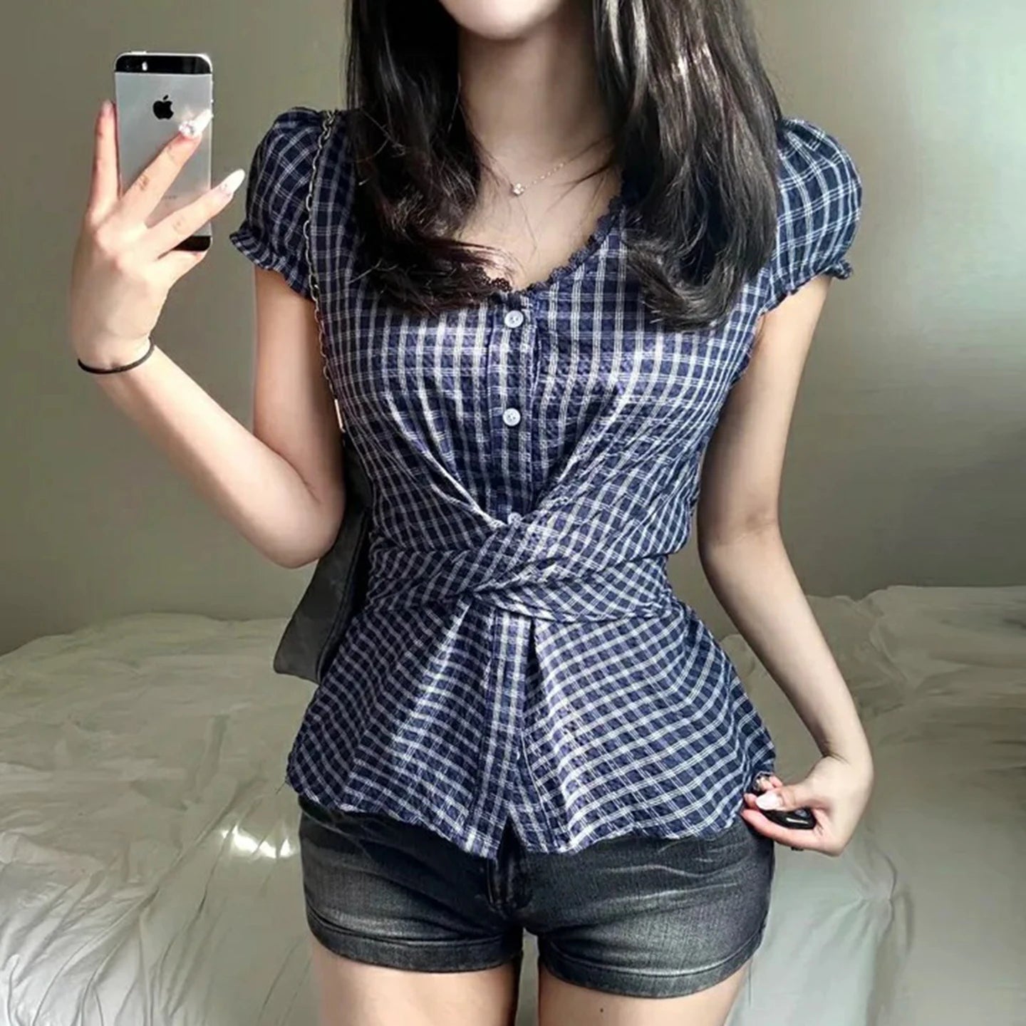 Women's Retro Skinny Short Sleeve Plaid Blouse Summer Vintage Button Woven Casual Top - Zeprah