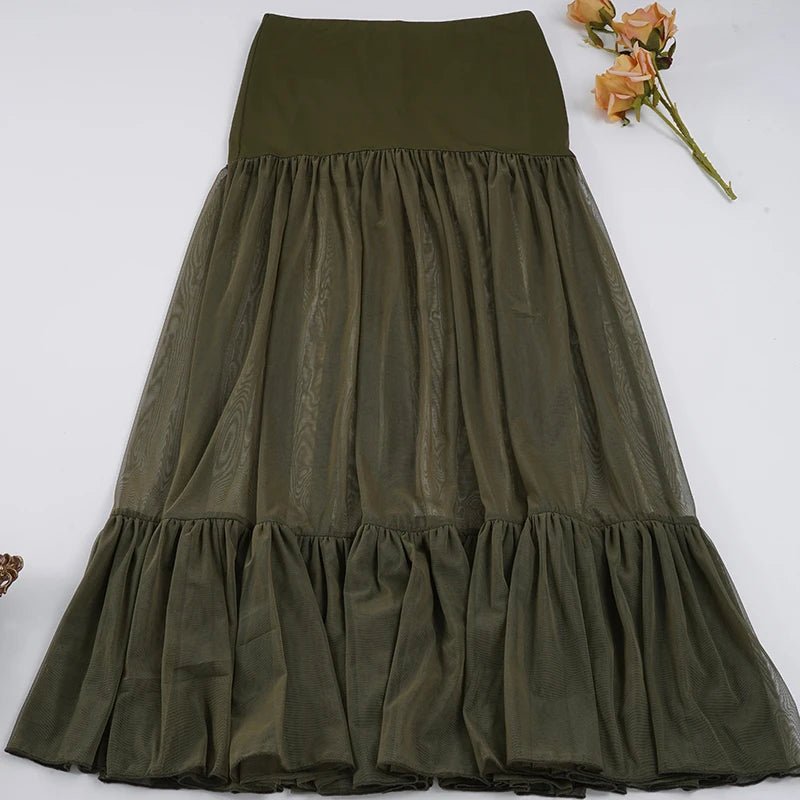Women's Ruched Natural Waist A - Line Maxi Skirt Spring Summer Mesh Panel Breathable Long Casual Dress - Zeprah