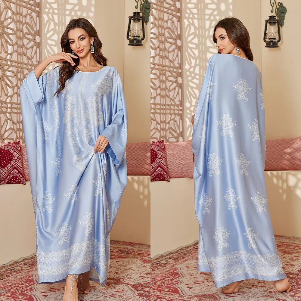 Women's Satin Blouse Long Nightgown Modest Middle Eastern Style Gorgeous Printed for Spring Fall - Zeprah
