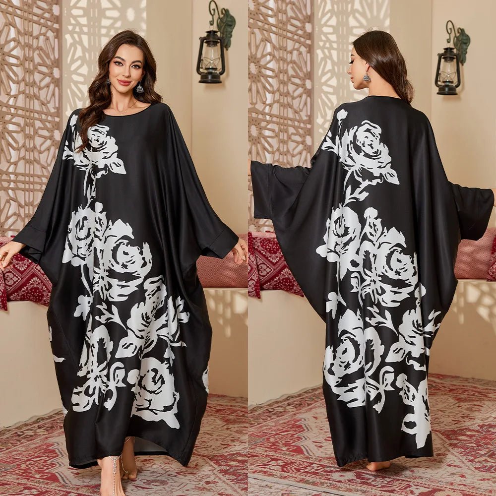 Women's Satin Blouse Long Nightgown Modest Middle Eastern Style Gorgeous Printed for Spring Fall - Zeprah
