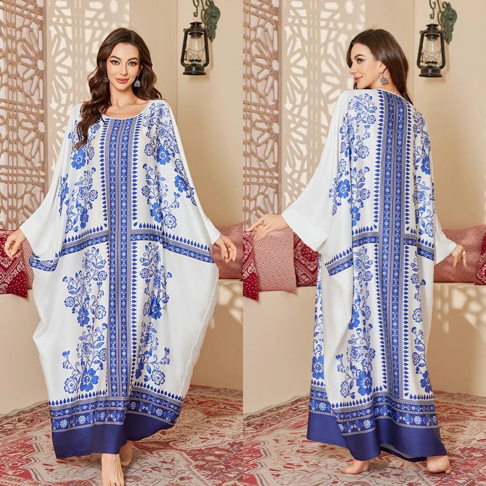 Women's Satin Blouse Long Nightgown Modest Middle Eastern Style Gorgeous Printed for Spring Fall - Zeprah