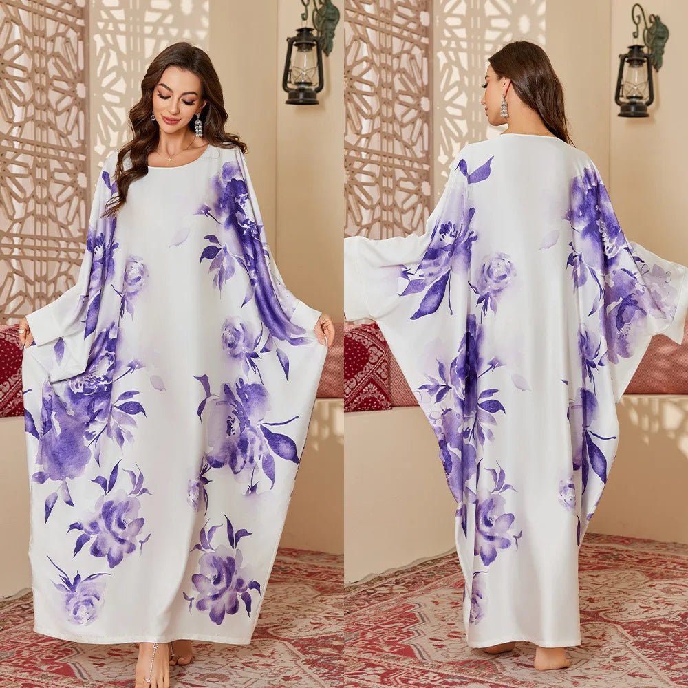 Women's Satin Blouse Long Nightgown Modest Middle Eastern Style Gorgeous Printed for Spring Fall - Zeprah