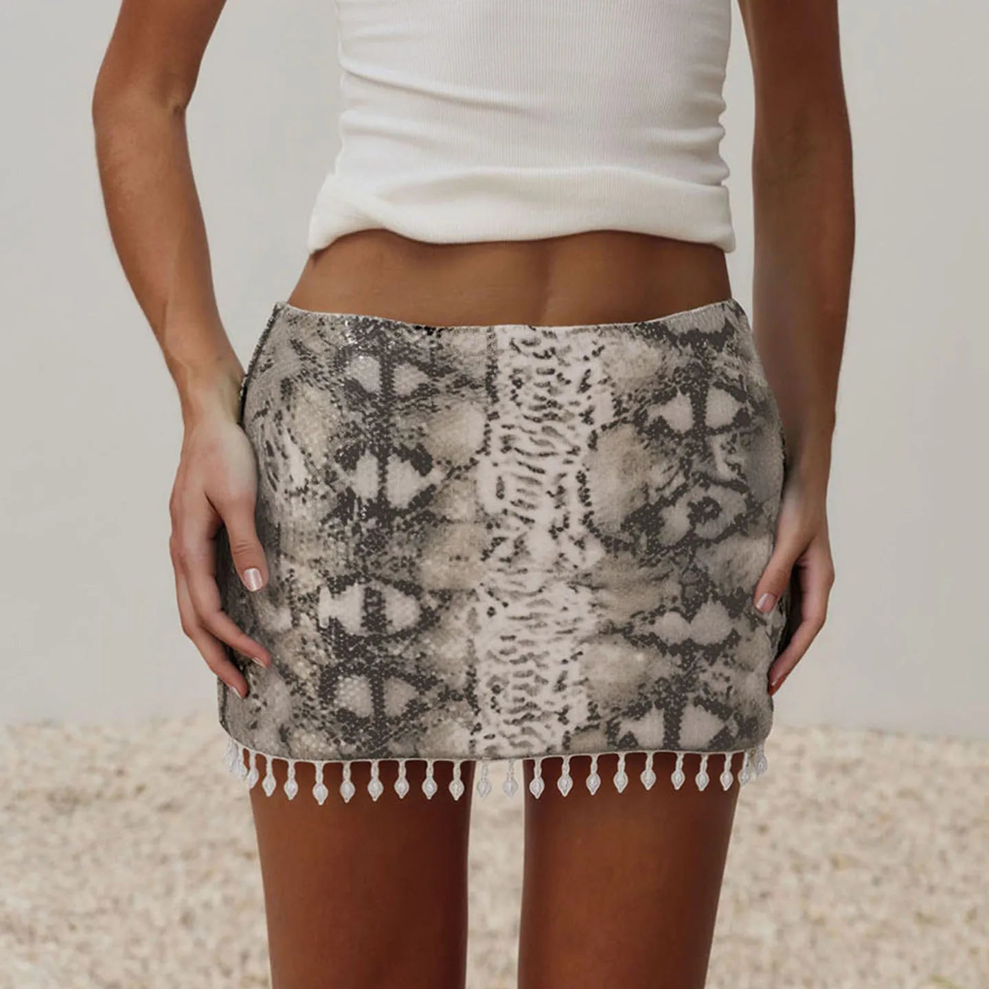 Women's Sexy Bodycon Natural Waist Skirt with Sequin Snake Print Contrast Rhinestone Fringe Hem Bud Design Eco - Friendly - Zeprah