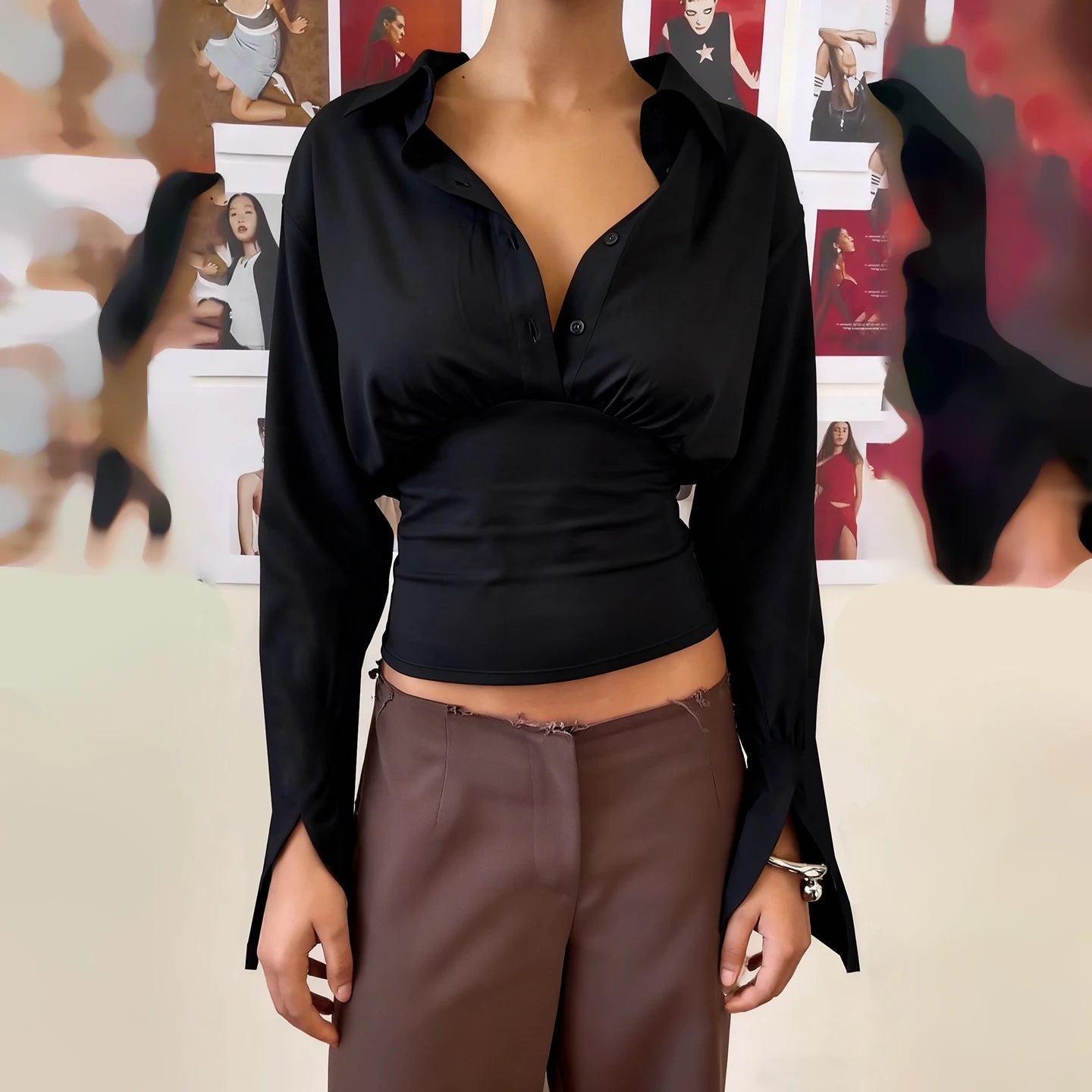 Women's Sexy Breathable Simple Oversized Long Sleeve Button - Down Blouse Lapel Collar - Relaxed Fit Casual Top Plain Dyed Front - Zeprah