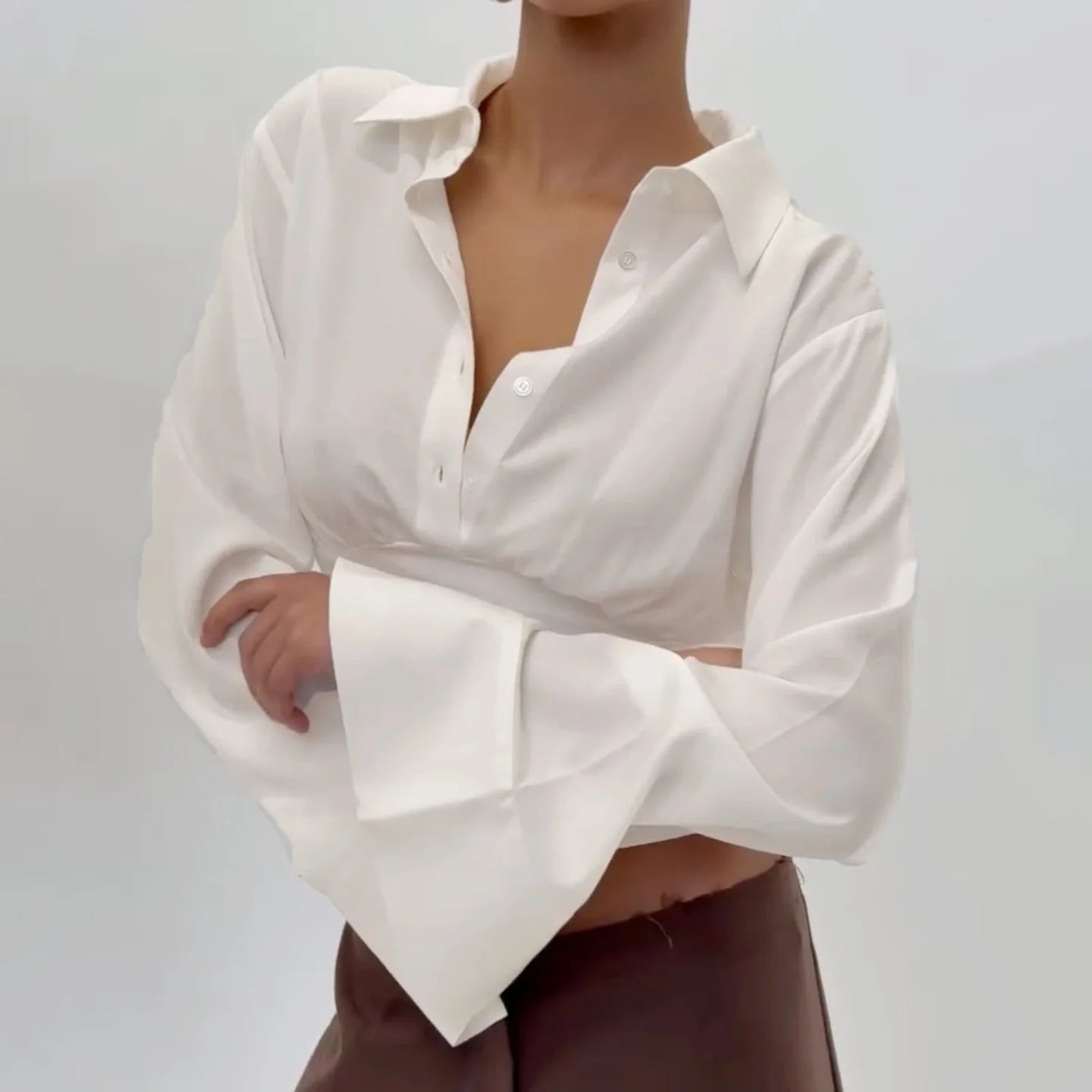 Women's Sexy Breathable Simple Oversized Long Sleeve Button - Down Blouse Lapel Collar - Relaxed Fit Casual Top Plain Dyed Front - Zeprah