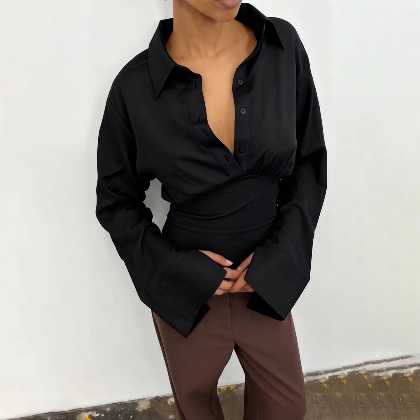 Women's Sexy Breathable Simple Oversized Long Sleeve Button - Down Blouse Lapel Collar - Relaxed Fit Casual Top Plain Dyed Front - Zeprah