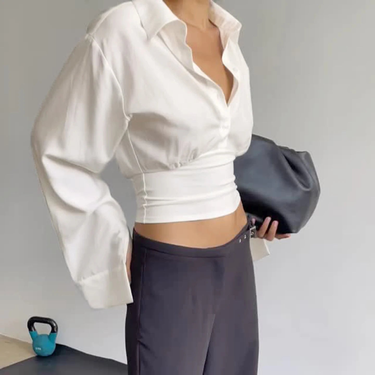 Women's Sexy Breathable Simple Oversized Long Sleeve Button - Down Blouse Lapel Collar - Relaxed Fit Casual Top Plain Dyed Front - Zeprah