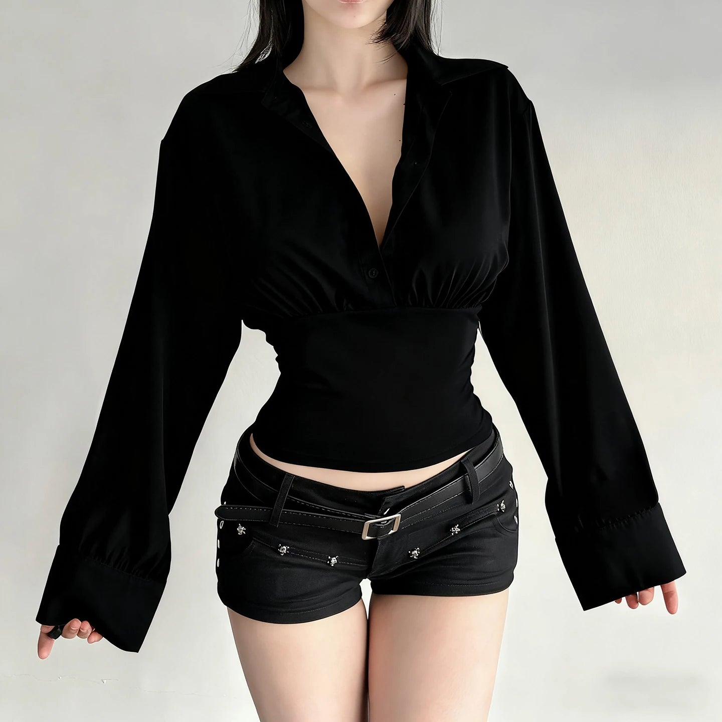 Women's Sexy Breathable Simple Oversized Long Sleeve Button - Down Blouse Lapel Collar - Relaxed Fit Casual Top Plain Dyed Front - Zeprah