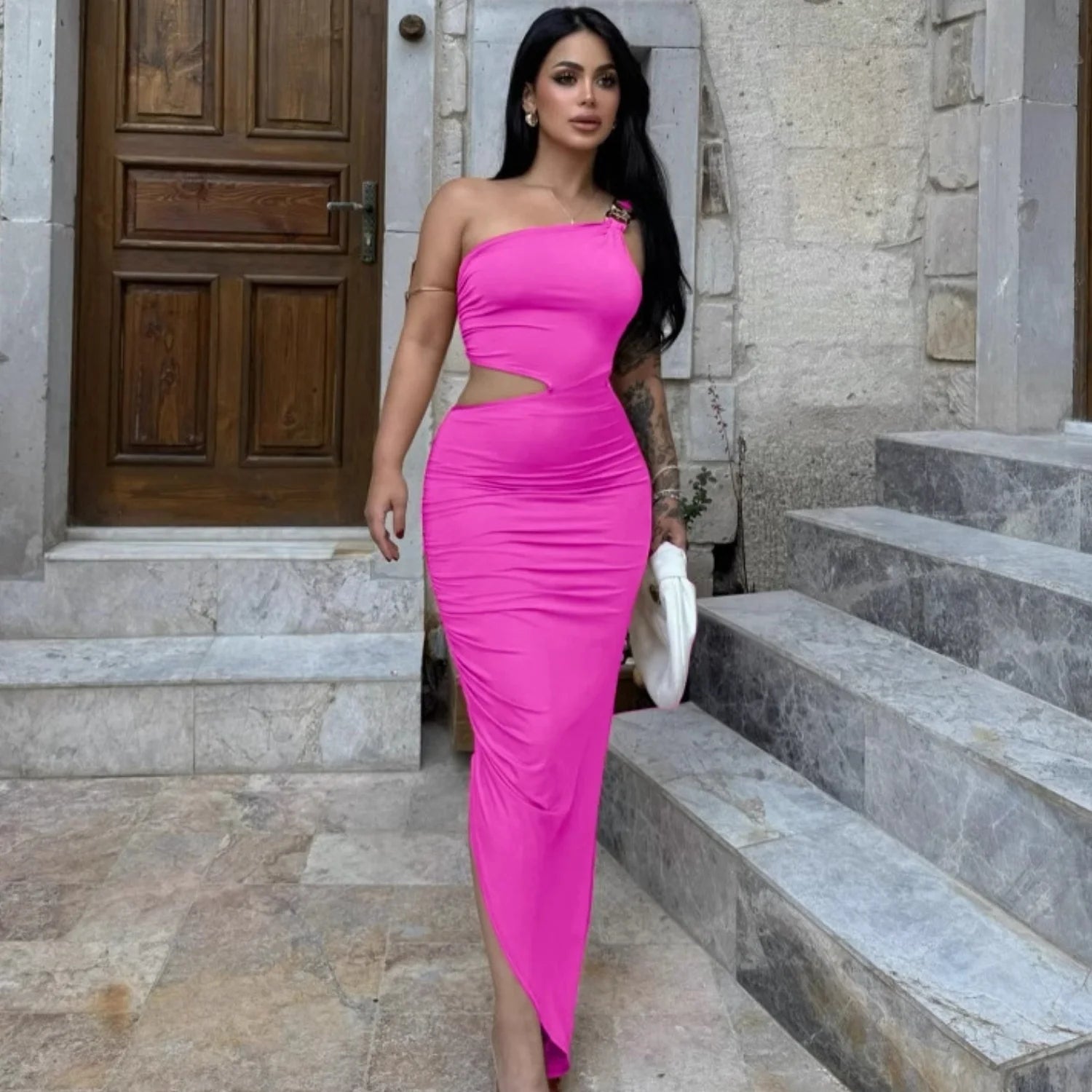 Women's Sexy One Shoulder Bodycon Party Dress New European Style with Waist Cut - Out and Fashionable Slits Evening Dress - Zeprah