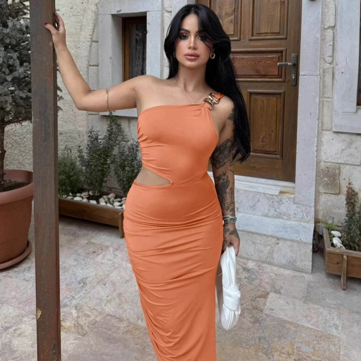 Women's Sexy One Shoulder Bodycon Party Dress New European Style with Waist Cut - Out and Fashionable Slits Evening Dress - Zeprah