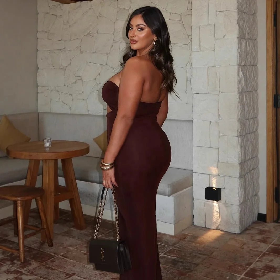 Women's Sexy Solid Color Strapless Bandage Dress Fashionable Cut - Out Bodycon Maxi Dress with Slit for Party Sleeveless Dress - Zeprah