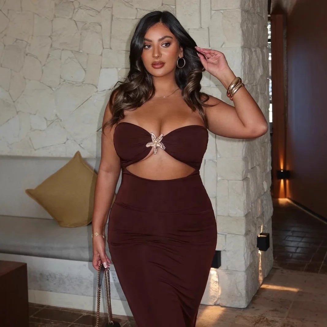 Women's Sexy Solid Color Strapless Bandage Dress Fashionable Cut - Out Bodycon Maxi Dress with Slit for Party Sleeveless Dress - Zeprah